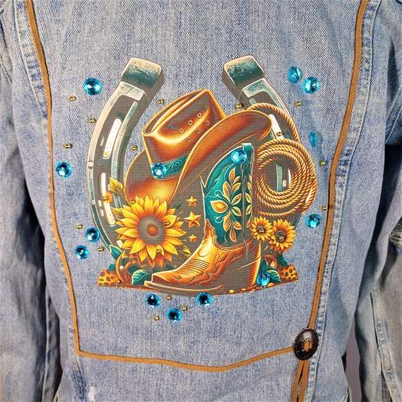 Embellished Denim Jacket Upcycled Jean Jacket Cowgirl Trucker - Picture 5 of 7